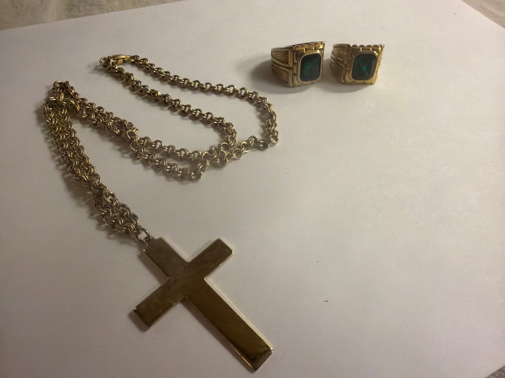 Gold Tone Cross Necklaces and Matching Rings with Green Stones