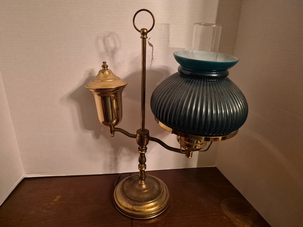 Brass Student Lamp w/ Ribbed Glass Shade & Fuel Reservoir 19" Tall