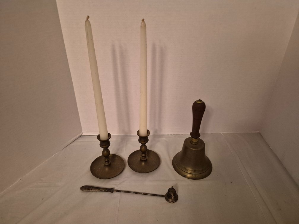 Brass Tone/Possibly Brass Bell, Candle Sticks, & Snuffer