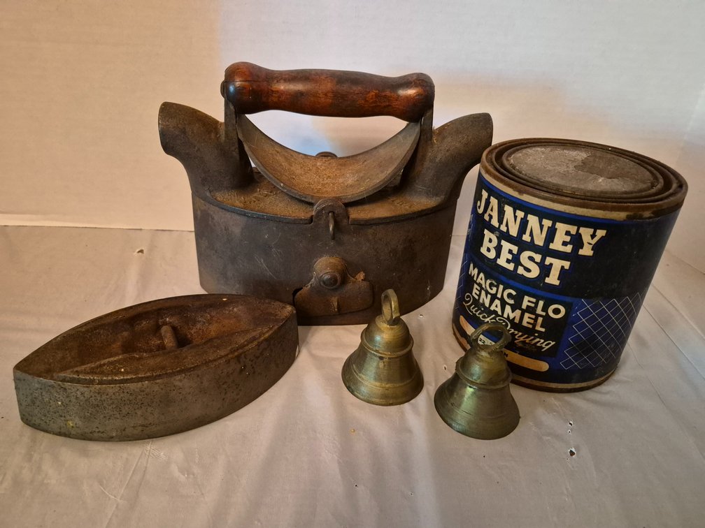 Antique Double Flue Chimney Charcoal Iron, Paint, & Bells