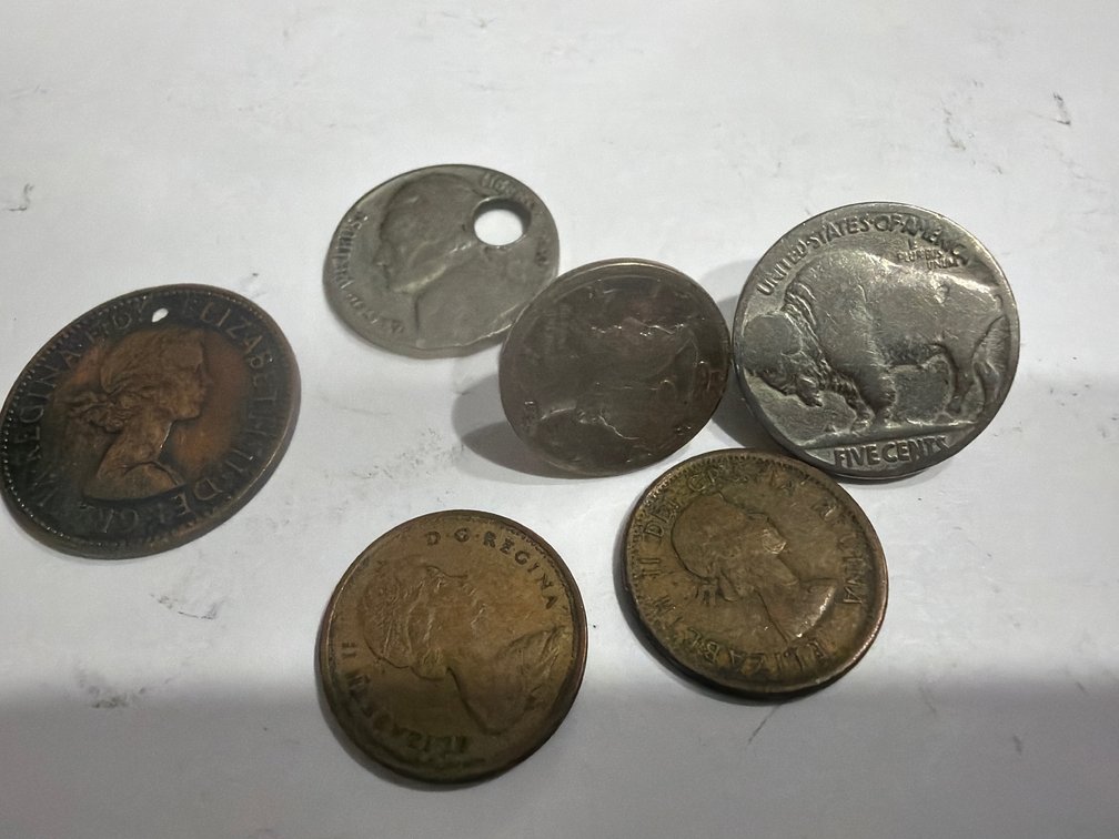 Foreign Coins, Buffalo Nickel Pin, Dime Pin