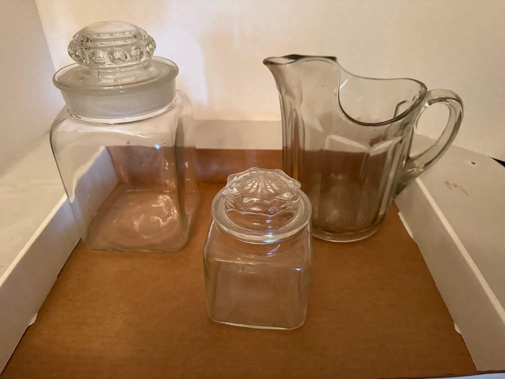 Vintage Glassware,  Large Square Apothecary Jar With Knobbed Lid, Pitcher, Jar