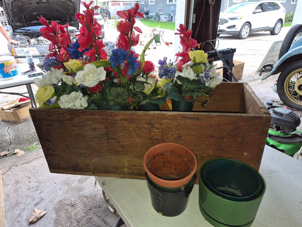 Wood Crate, Plastic Pots, & Artifical Flowers