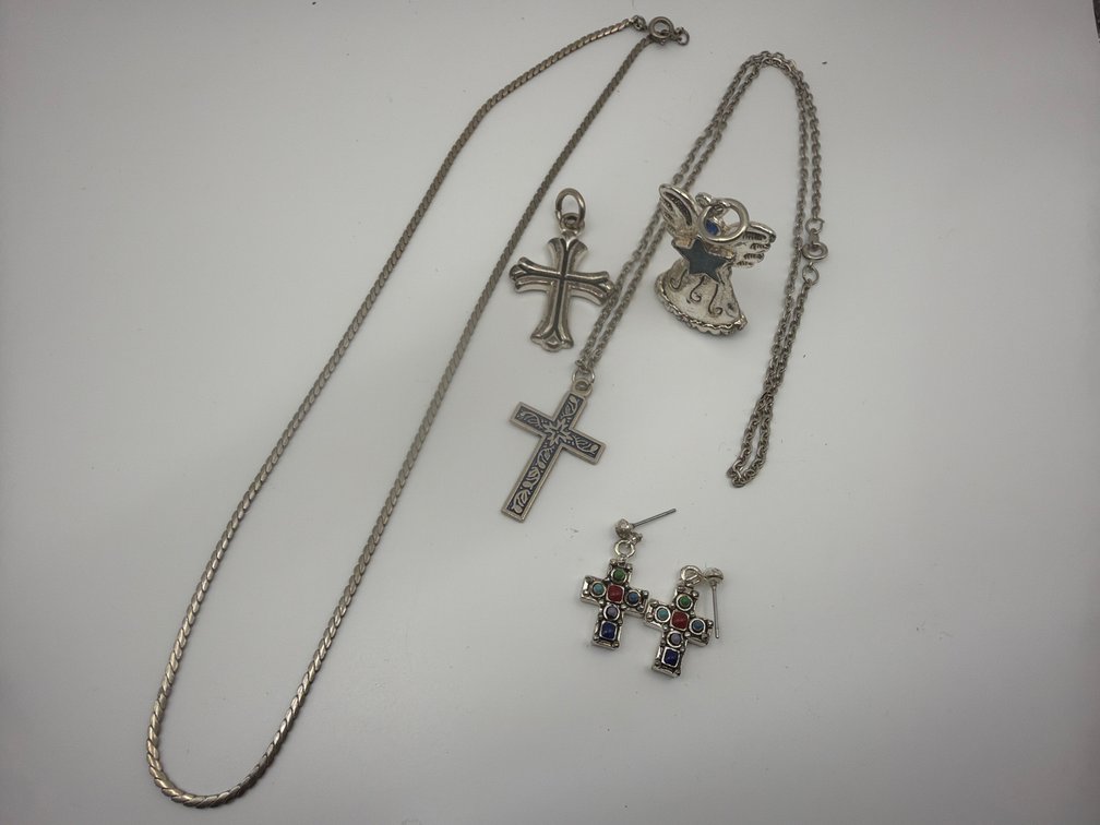 Silver Tone Chains, Cross Charms, Angel Charm