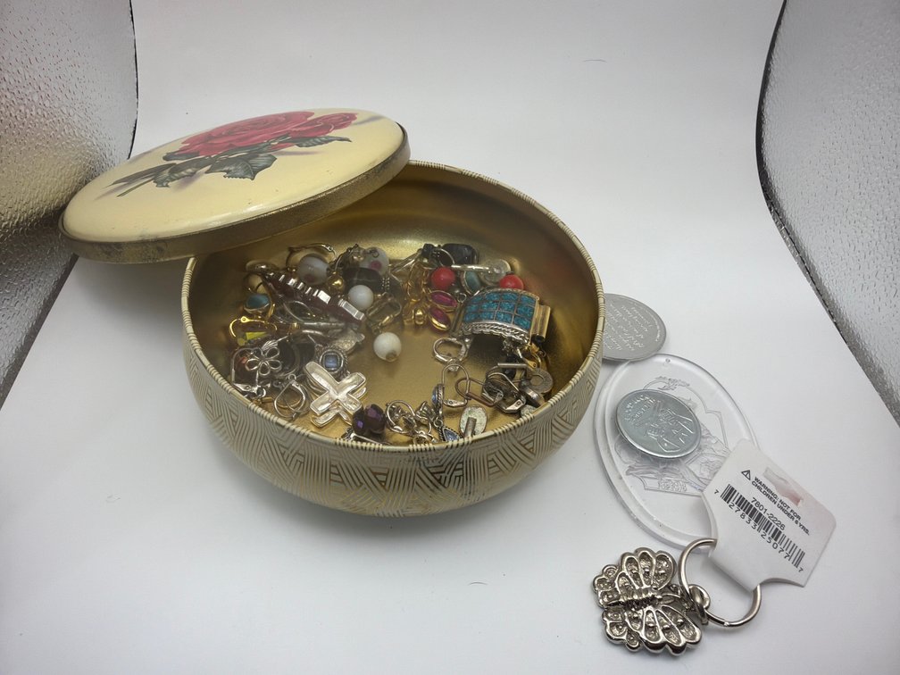 Vintage Tin with Earrings, Key Chain