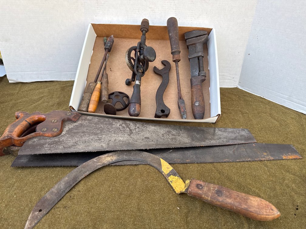 Vintage Tools, Saws, Hand Sickle, and More