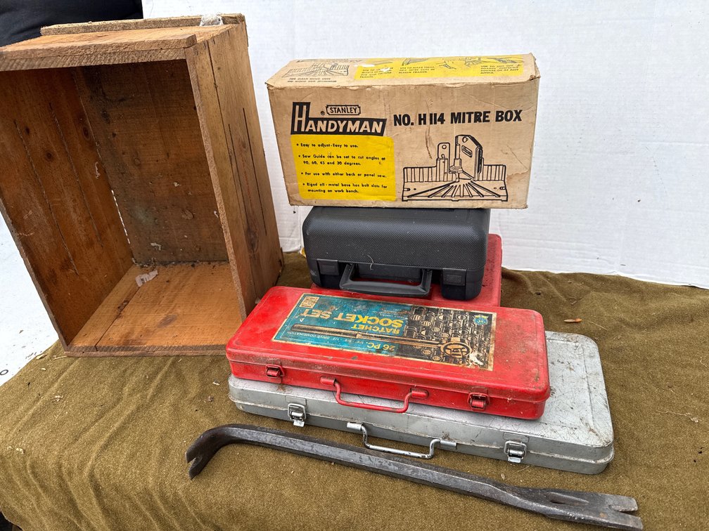 Wooden Box With Miscellaneous Tools
