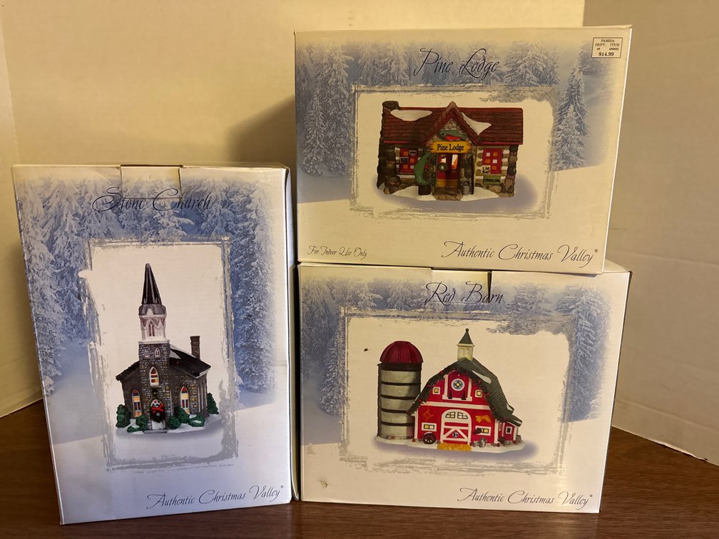 3 Piece Authentic Christmas Valley, Stone Church, Pine Lodge, Red Barn
