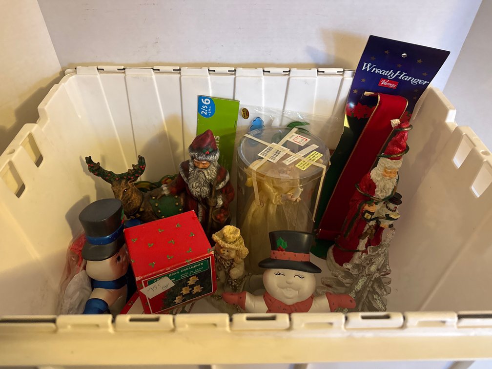 Tote of Holiday Decorations, Candle Holder, and More