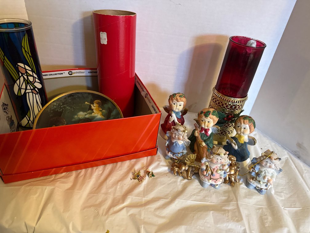 Box of Vintage Candle Holders, Angels, Plate