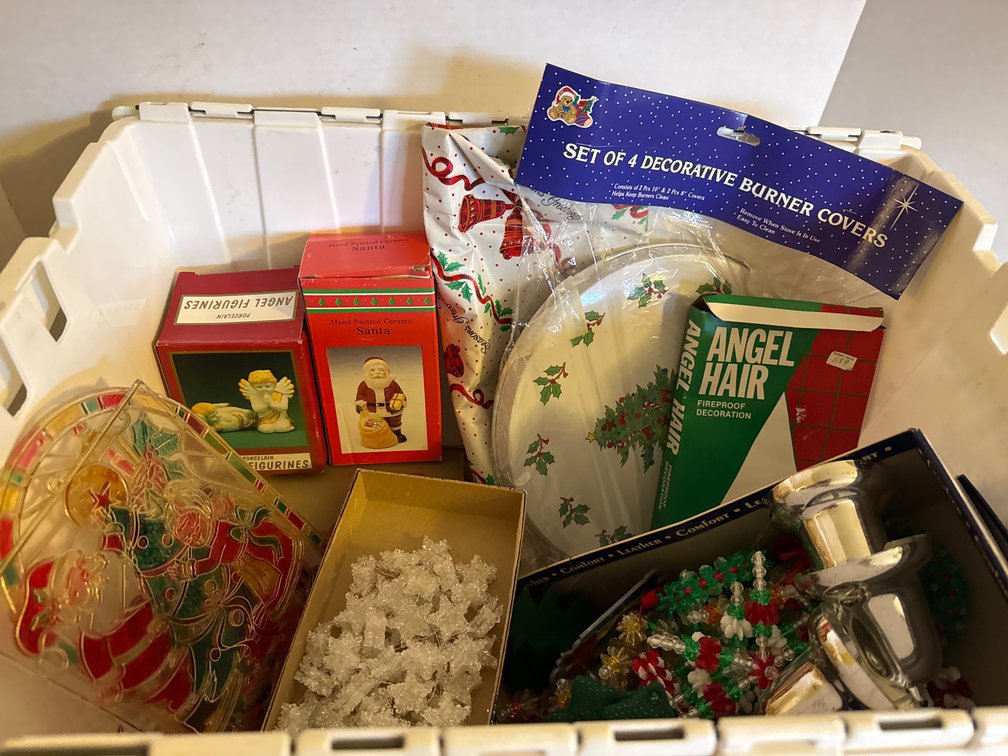Tote Of Holiday Decorations, Tablecloth, Ornaments, and More