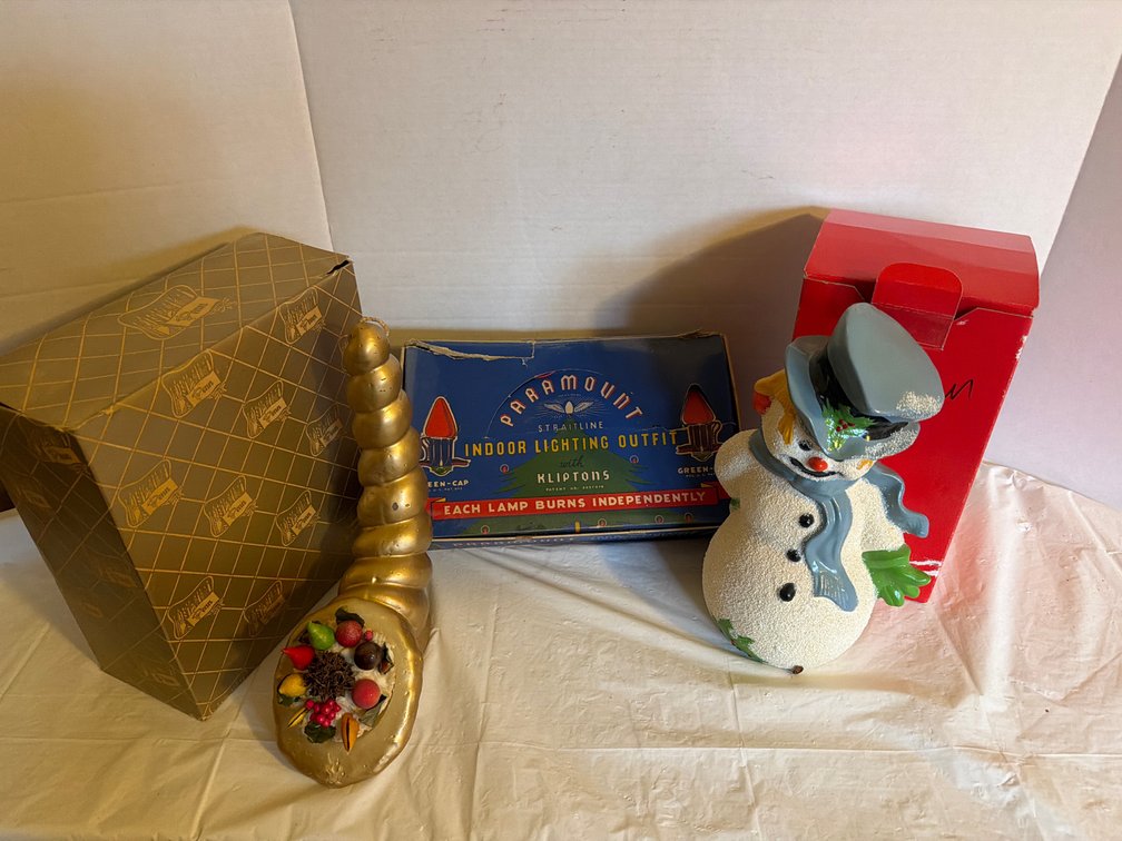 Vintage Holiday Lights, Snowman, Cornucopia Candle