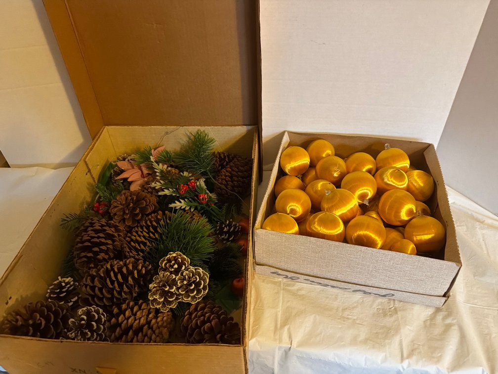 Vintage Ornaments, Pine Cones, Greens