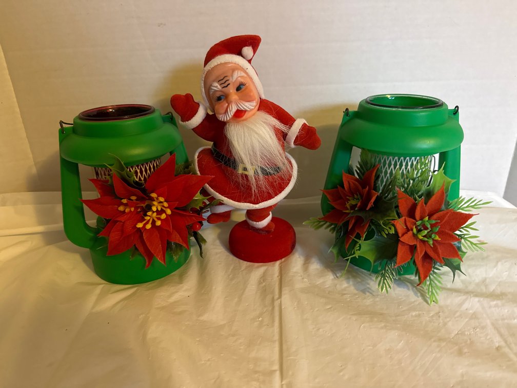 Vintage Flocked and Felted Dancing Santa Figurine, Lanterns
