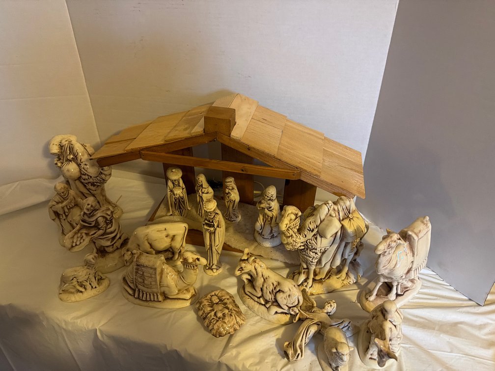 Ceramic Nativity Scene, Wood Manger