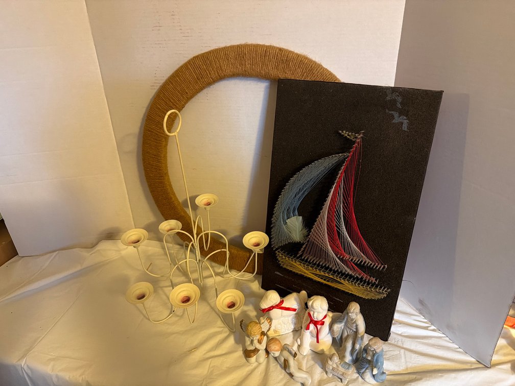 Tote with Holiday Knickknacks, Decorations