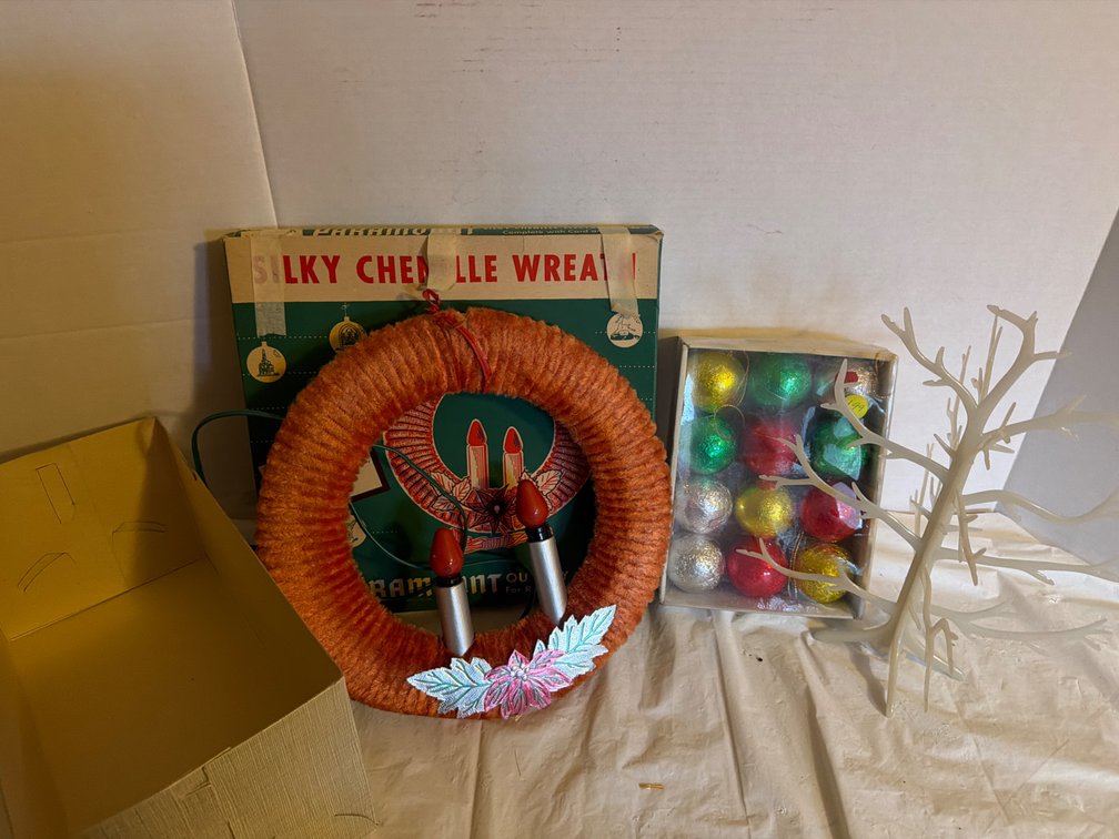 Vintage Silky Chenille Wreath, Tree and Ornaments