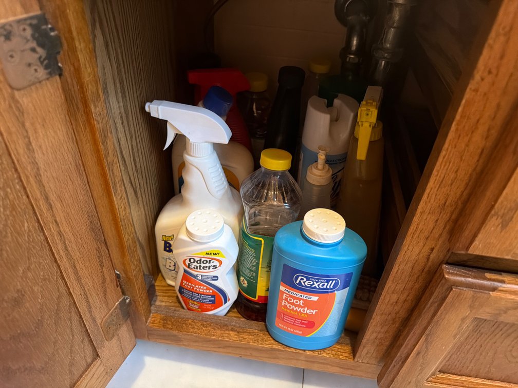 Cupboard with Supplies, Dusters, Cleaning Brushes and Supplies