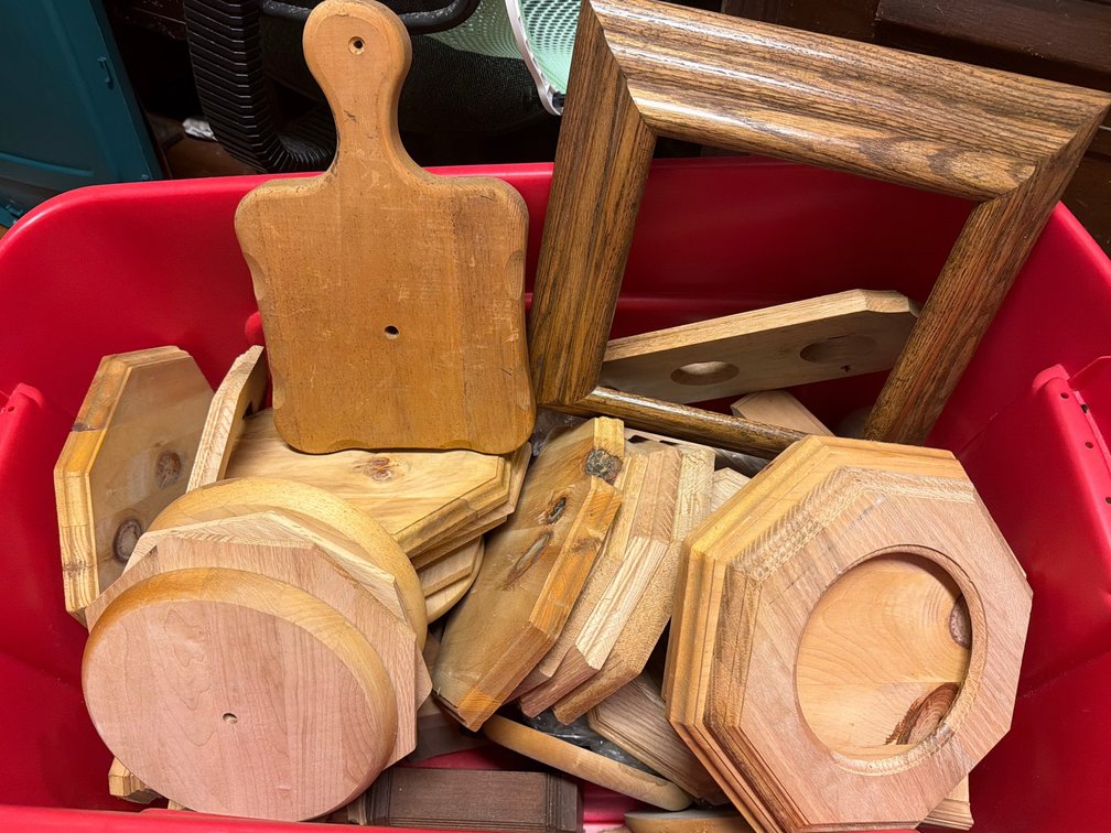 Large Tote of Wood Clock Frames