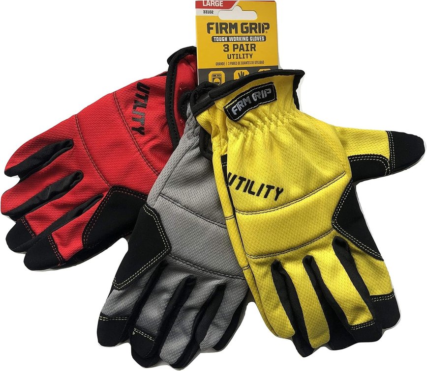 Tough Working Gloves, 3 Pair (Red/Gray/Yellow)