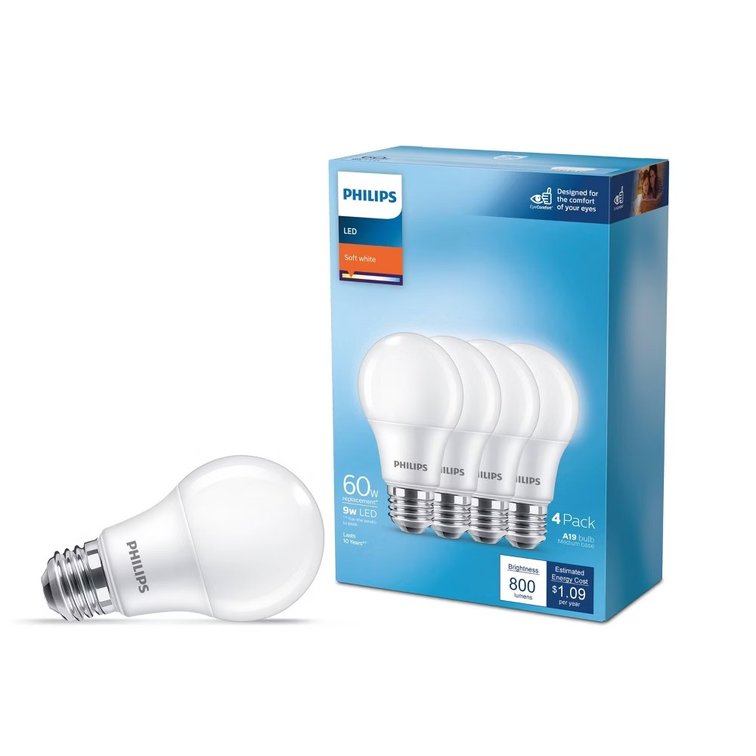 Philips LED 60W A19 Frosted 2700K E26 4-Pack