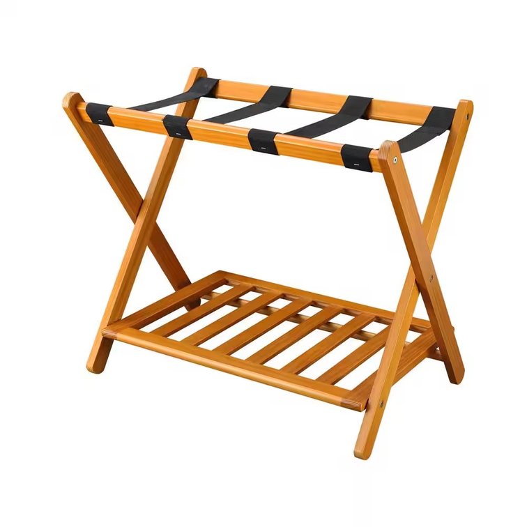 Honey Oak Solid Wood Luggage Rack with Shelf