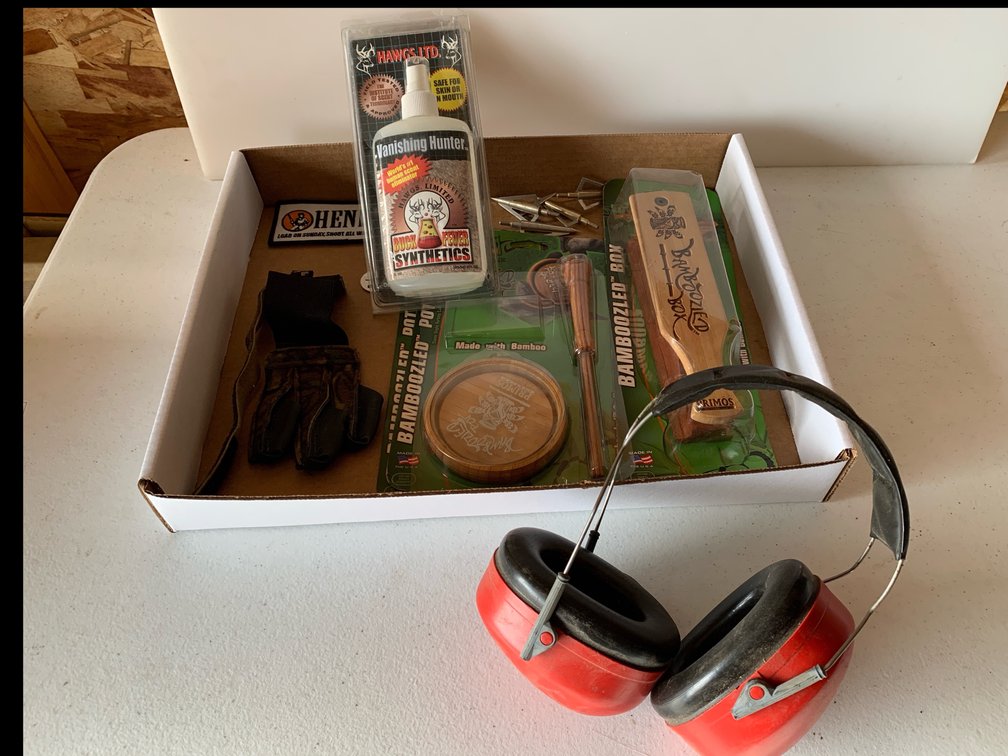 Turkey Calls, Ear Muffs, Patch, Broad Heads, and Scent Cover