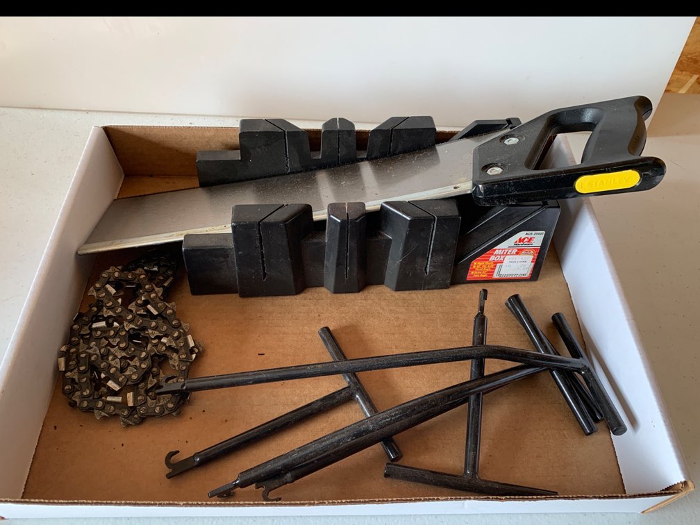 Stanley Miter Saw, Miter Box, Spring Hooks, and Chain Saw Blade