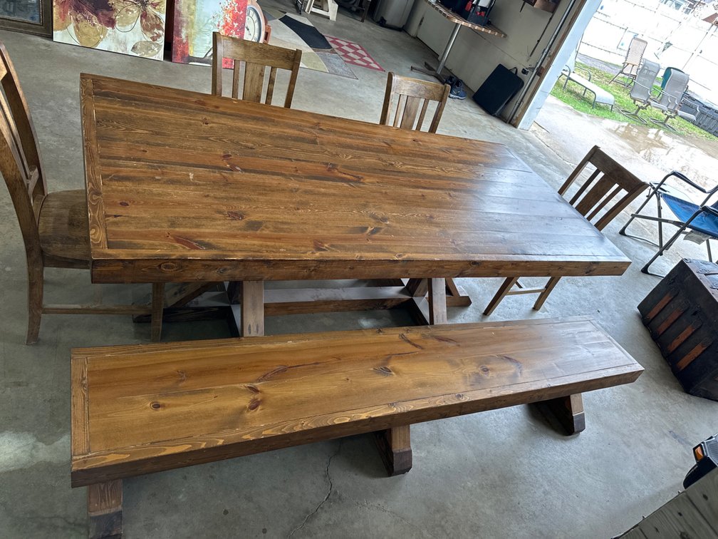 Wood Table with Bench, 4 Chairs