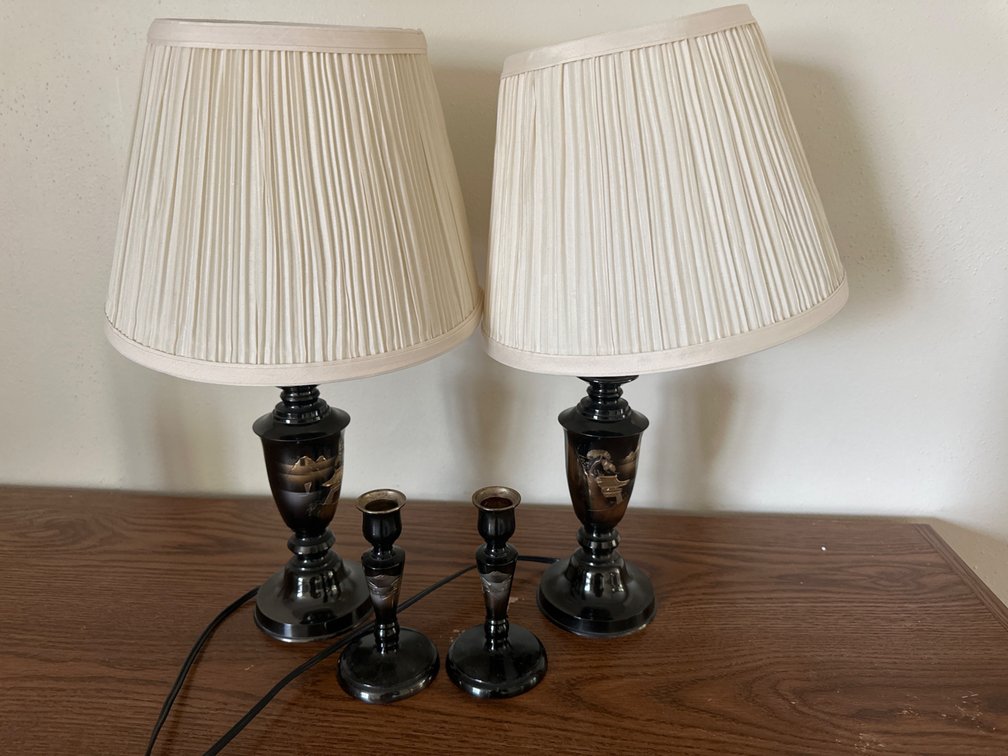 Japanese Chokin Lamps and Matching Candle Sticks