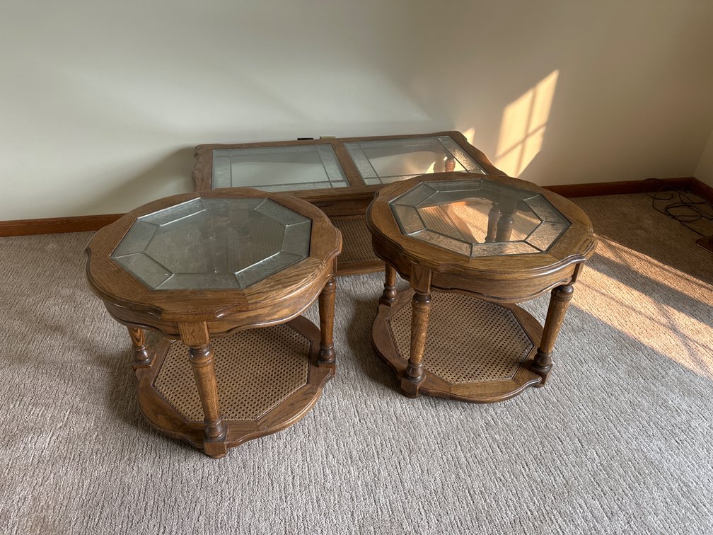 Set of Glass Top Tables, Wood and Glass