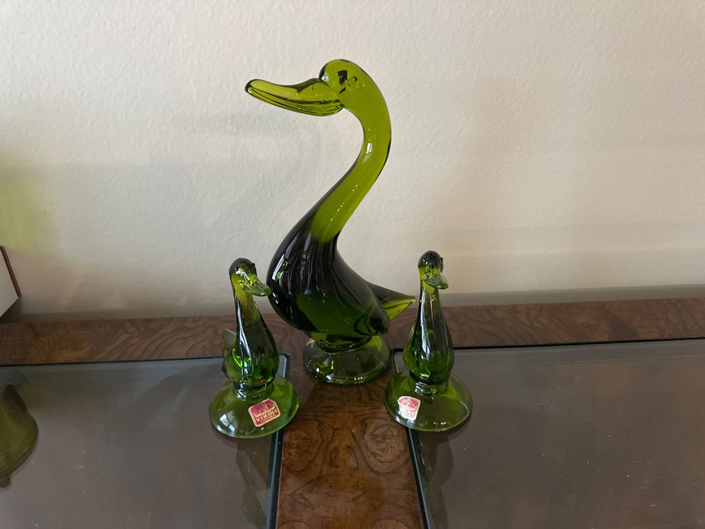 Set of 3 Vintage Viking Green Glass Ducks