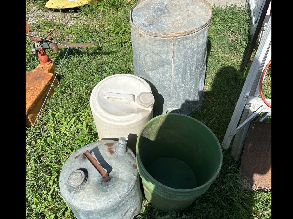 Metal Garbage Can, Gas and Pails