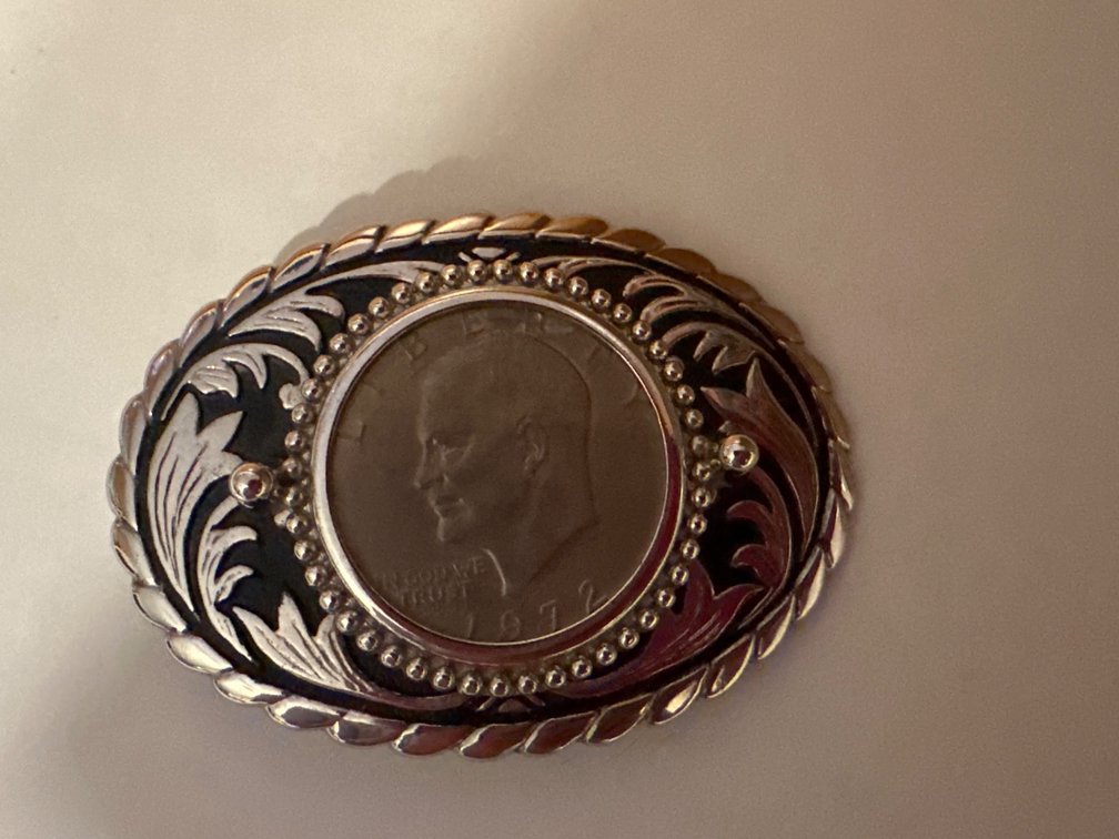Western Style Belt Buckle with 1972 Eisenhower Dollar as Center