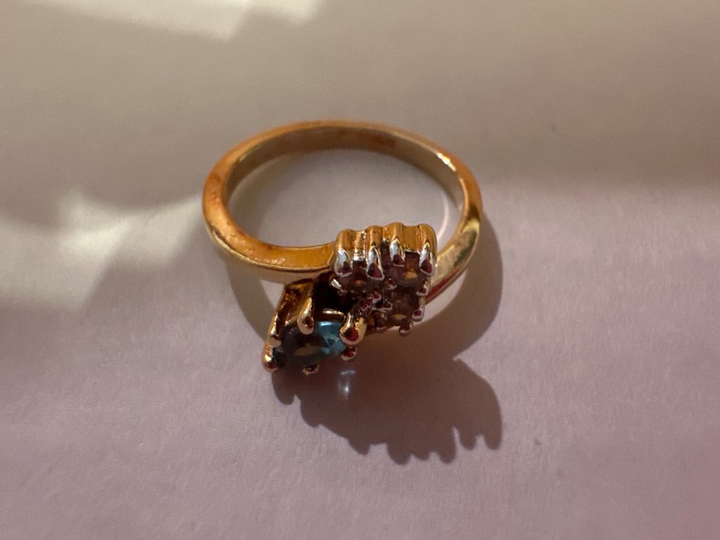 Gold Tone  Ring with Blue Stone, Diamonds