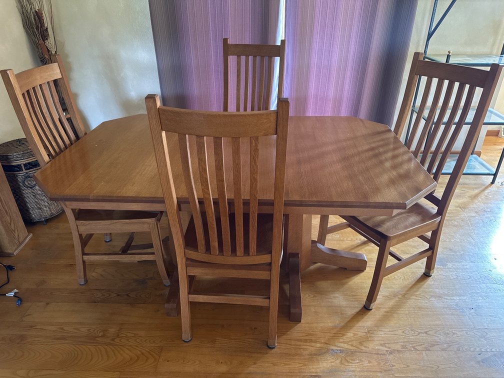 Heavy Wood Table with Leafs Stored, 7 Chairs
