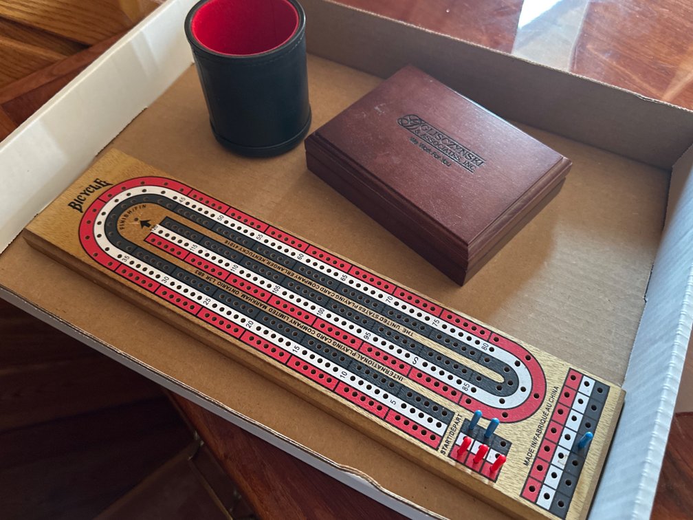 Cribbage Board, Dice Cup, Playing Cards
