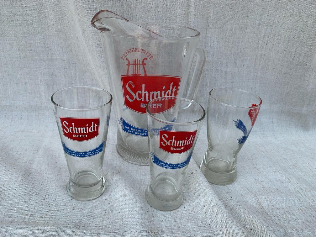Vintage Schmidt Beer Pitcher And Glasses