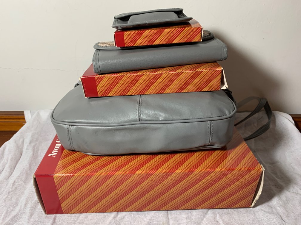 Avon New Gray Tapestry Set-Handbag, Checkbook/Wallet & Key Coin Case
