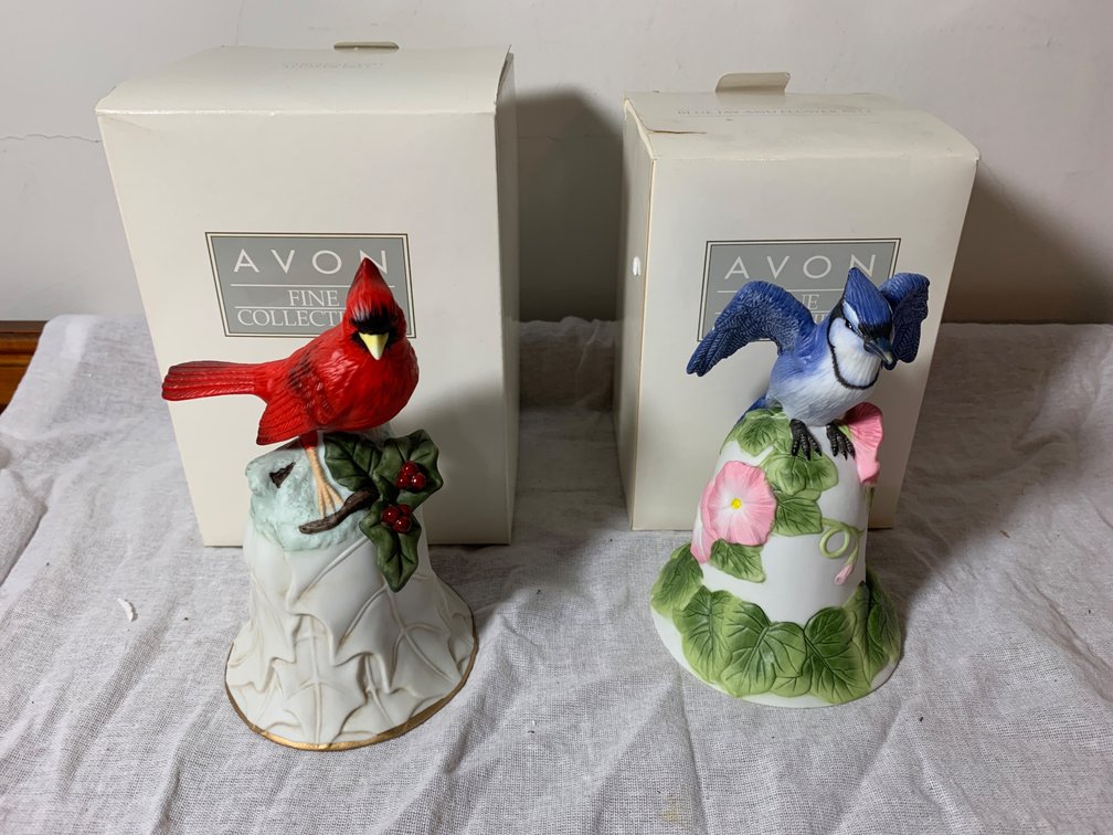 Avon Blue Jay & Cardinal Flower Bell Figurines