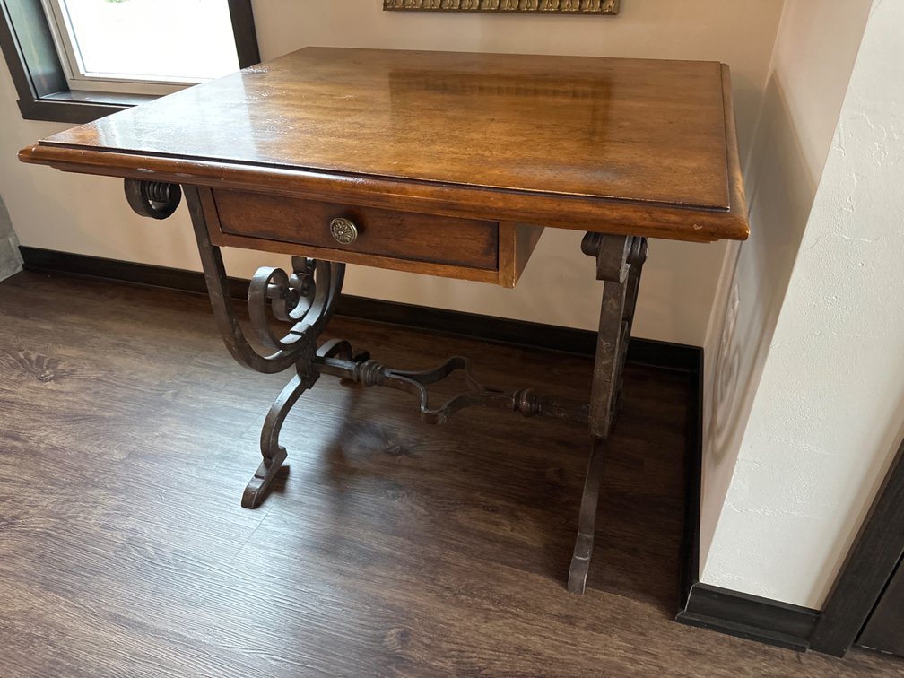Antique Metal Base Wood Top Table with Drawer-