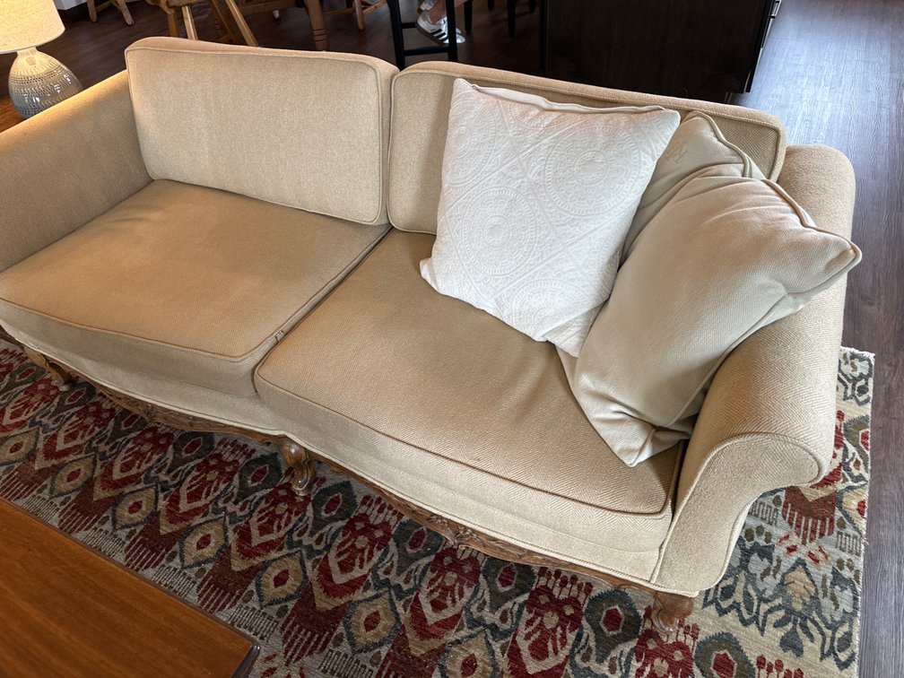 Antique Sofa with Wood Detail, Throw Pillows