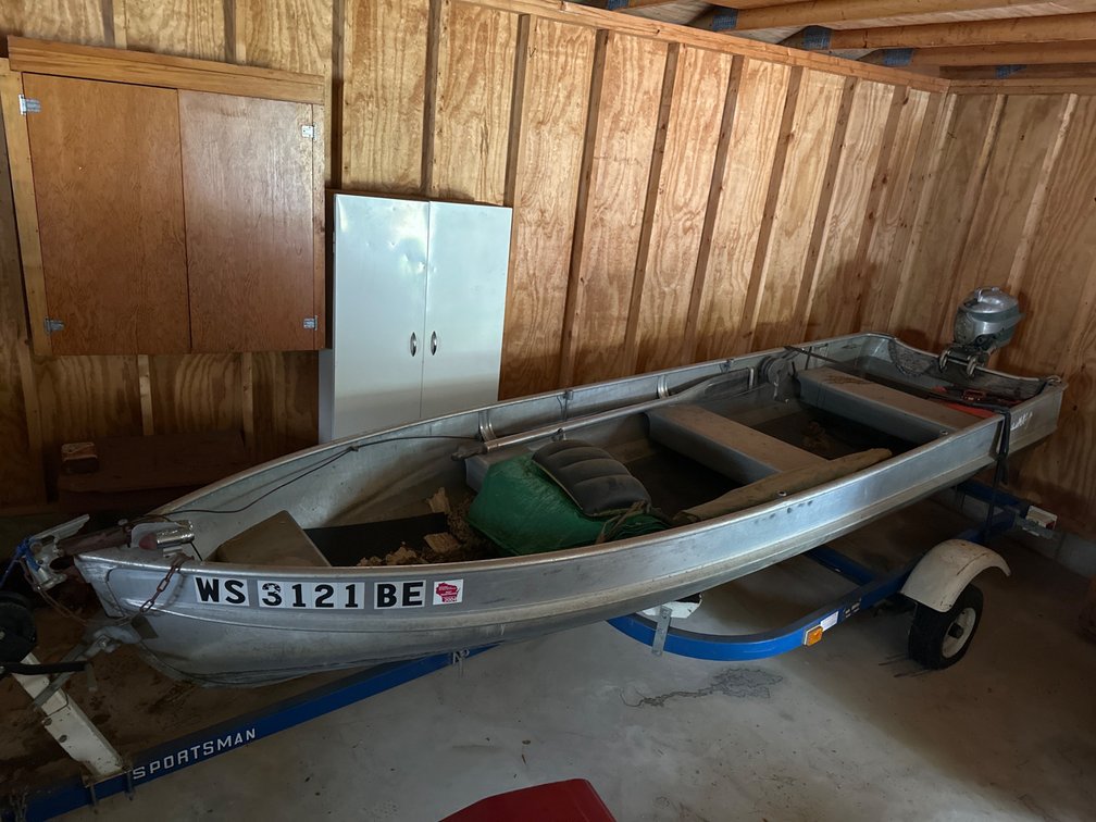 Boat, Trailer with 2 Flat Tires, Old Mercury Boat Motor, Gas Can, Oars