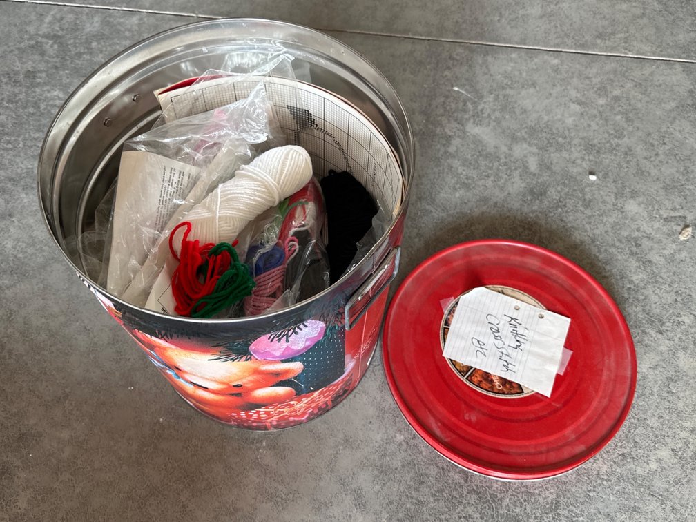 Tin With Knitting and Cross Stitch Supplies