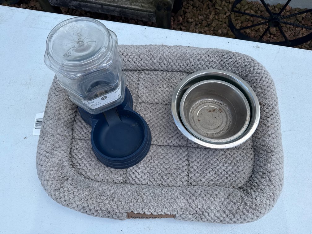 Pet Bed and Dog Bowls