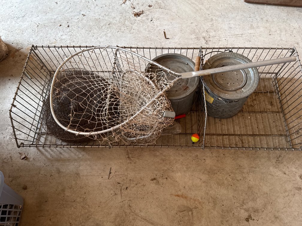 Wire Bin with Minnow Buckets, Nets