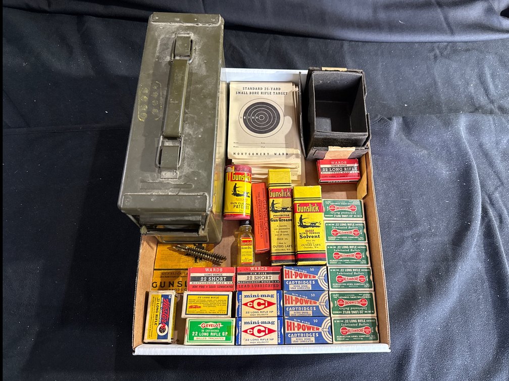 Vintage 22 cal. Ammunition, Case, Targets and Cleaning Supplies