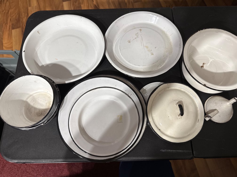 Enamelware Plates, Bowls, Lids, Funnel