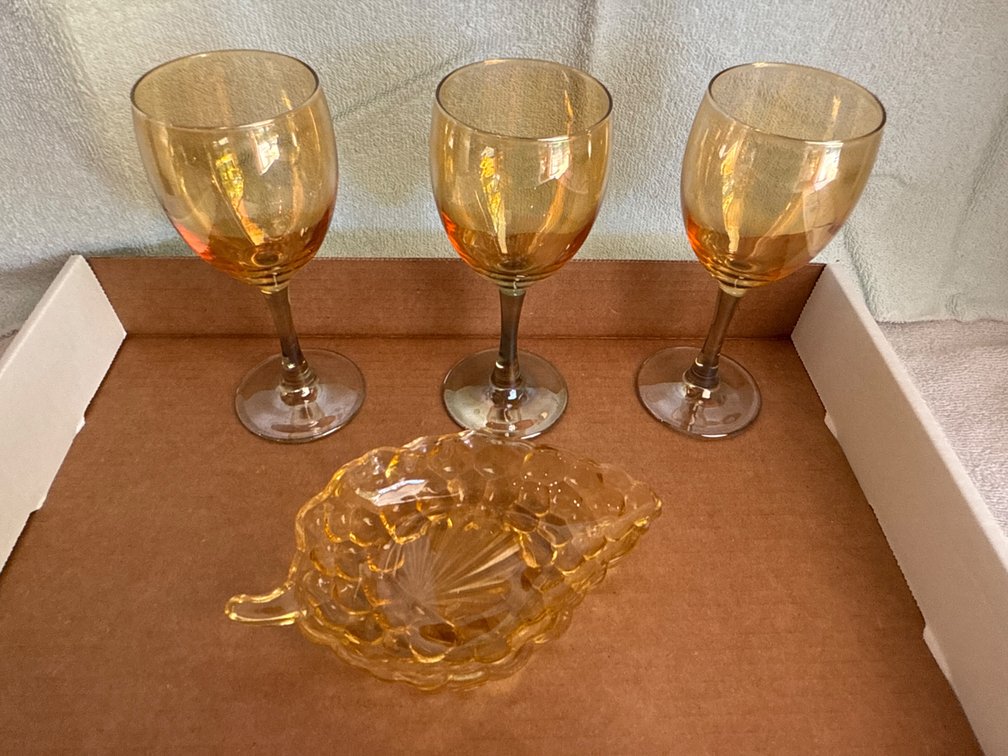 Amber Colored Wine Glasses & Serving Dish