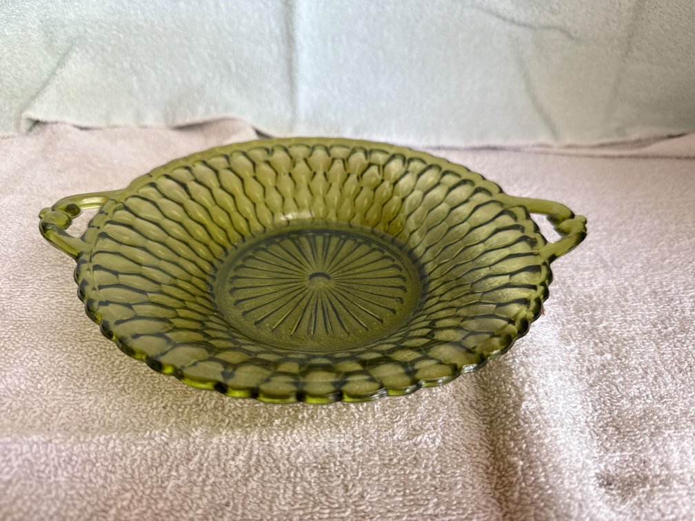 Vintage Avocado Indiana Glass 2 Handled Candy/Relish Dish